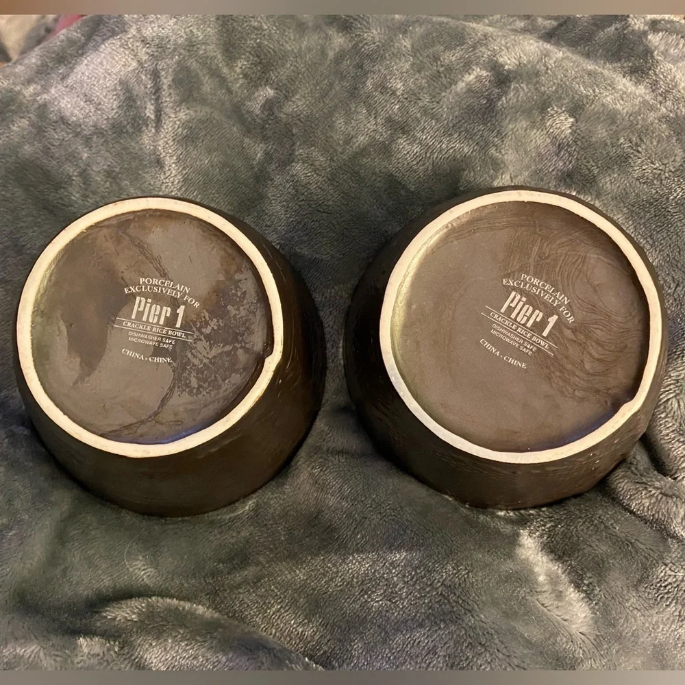 Pier 1 Imports bowls set 2 brown outside light blue inside crackle rice bowl UBG